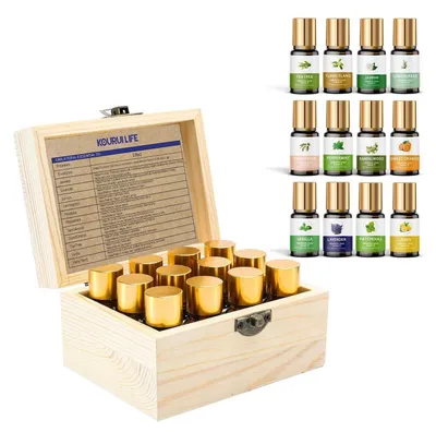 Obrázek produktu pro Sada esenciálních olejů pro difuzér, 12 x 10 ml, dřevěná krabička, dárková sada, přírodní, aromaterapie