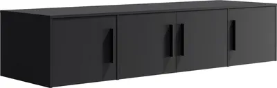 A black wall-mounted cabinet with four doors and black handles.