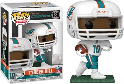 A Funko Pop! vinyl figure of Tyreek Hill of the Miami Dolphins, shown both in its packaging and out of the box.