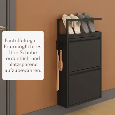 Produktbild von Furni24 Schuhschrank Schmal mit 2 Klappen, Pantoffelregal und Hakenleiste – Metall Schuhkipper Schwarz