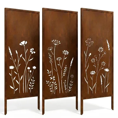 Obrázok produktu pre Rustikálne záhradné panely "Divoká lúka" (3 kusy), rozmer 120x50 cm, vzhľad ocele Corten, laserom vyrezaný ochranný panel z ocele, moderný dizajn záhrady