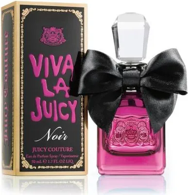 A bottle of Juicy Couture Viva La Juicy Noir perfume and its packaging are displayed against a white background.
