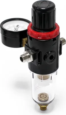Zdjęcie produktu dla Filtr powietrza Wiltec z separatorem wody i regulatorem ciśnienia do 7 barów, 2x adaptery 12,91 mm (1/4"), 9,51 mm (1/8"), akcesoria do kompresora aerografu
