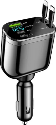 Obrázek produktu pro ZELURXX Rychlá nabíječka do auta 3 v 1, duální USB a PD, 190 W, s kabelem typu C + Lightning, digitálním displejem, univerzálním adaptérem, nabíječkou do auta pro mobilní telefony a tablety
