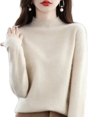 Produktbild von ASKSA Damen Leichter Pullover mit Stehkragen Langarm Strickpullover Pulli Sweatshirt Solid Weich Oberteile, Beige, S