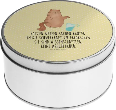 Produktbild von Mr. & Mrs. Panda Blechbüchse Katze Wasserglas - Gelb Pastell - Geschenk, keksdosen, Kaffeedose, Vorratsdosen, Aufbewahrungsdose, Katzen, Metallbox, Neugierig, Cats, Dose