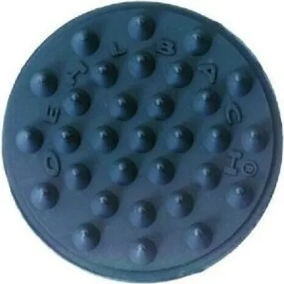 A dark blue circular object with many small spikes on its surface, set against a white background.