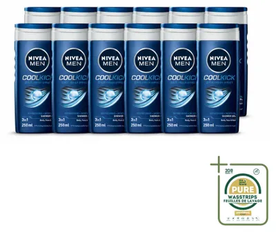 Image de 12 flacons de gel douche NIVEA MEN Cool Kick – 250 ml – Pack économique – 12 pièces