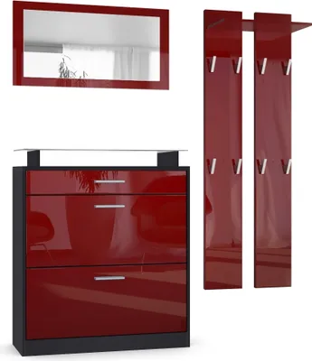 Produktbild von Vladon Garderobe Loret mini, Garderobenset bestehend aus 1 Schuhschrank, 1 Wandspiegel und 2 Garderobenpaneele, Schwarz matt/Bordeaux Hochglanz