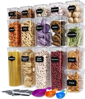 Produktbild von Vorratsdosen-Set mit Etiketten, Kreidestift und Messlöffeln, Frischhaltedosen mit Deckel, BPA-frei, luftdicht, auslaufsicher, spülmaschinenfest, 16-teilig