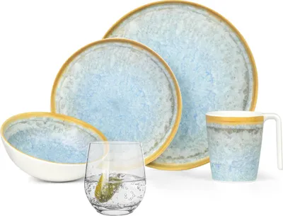 Produktbild von Melamin Camping Geschirr Set 4 Personen Crystal Blue + 4 Tiamo Gläser Wassergläser Tafelgeschirr Picknick BBQ Kochgeschirr