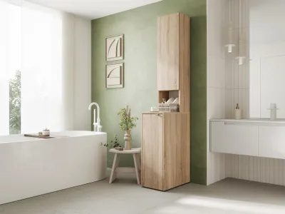 Produktbild von Badezimmerschrank LORA 210 x 33 x 56 cm hoch, Aufbewahrungsschrank mit Regalen, Hochschrank Badezimmer Sonoma Eiche