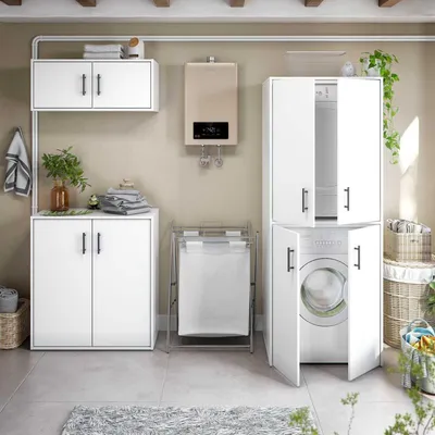 Produktbild von Mehrzweckschrank-Set >LAUNDRY < (4-teilig) Weiß, 2x Umbauschrank, Unterschrank, Hängeschrank