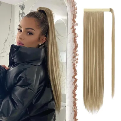 Image de Mèche de cheveux synthétique, lisse, couleur blonde clair, longueur 60 cm, style queue de cheval