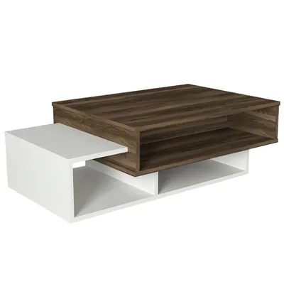 A modern coffee table with a white base and a brown wood-grain top.