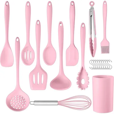Immagine prodotto di Set di 22 utensili da cucina in silicone rosa, resistenti al calore, antiaderenti, lavabili in lavastoviglie, con supporto