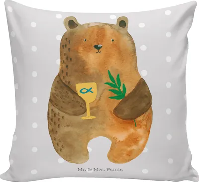 Produktbild von Mr. & Mrs. Panda Kissen 40x40 Bär Konfirmation - Grau Pastell - Geschenk, für sofa, Kirche, Deko, Teddy, Evangelisch, kuschelkissen, Couchkissen, Wohnzimmerkissen