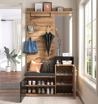 Produktbild von Abrihome Garderoben-Set, Kompaktgarderobe mit 4 Kleiderhänger, Spiegel, Schuhschrank, Wandgarderobe und Sitzbank