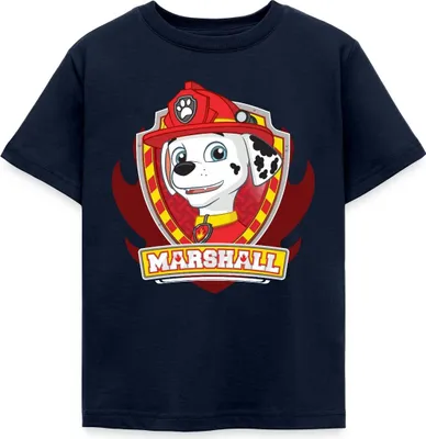 Produktbild von Spreadshirt Paw Patrol Marshall Feuerwehrhund Feuerwehr Emblem Kinder T-Shirt, 122/128 (7-8 Jahre), Navy