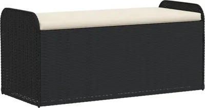 A black rattan storage bench with a beige cushion on a white background.