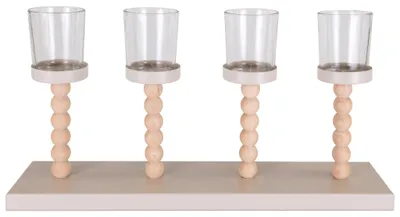 Imagen del producto de Soporte para 4 velas tipo "tealight" en bandeja de madera y metal, color natural beige, diámetro 38 cm, altura 18 cm