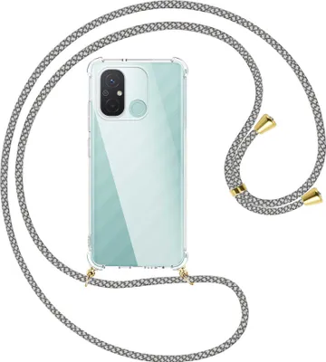 Produktbild von Handykette Backcover-Schutzhülle mit Band (Metall goldfarben) für Xiaomi Redmi 12C (6.71'') - weiß/grau kariert