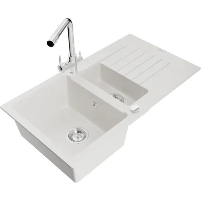 Obrázek produktu pro Mexen Matias 1,5-miskový granitový dřez s odkapávačem a kuchyňskou baterií Duero, Bílá - 6502-20-671600-00