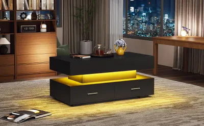Obrázek produktu pro Konferenční stolek, rozměry 100x50x44 cm, vyrobený ze 100% dřevotřísky, barva černá, s hydraulicky nastavitelnou výškou, s LED osvětlením, se dvěma zásuvkami a otevřeným úložným prostorem