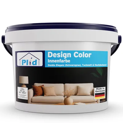 Produktbild von Plid Design Innenfarbe Matt Schwarzgrau 2.5L für ca. 18 m² [HOHE DECKKRAFT] Designcolor Wandfarbe, Innenfarbe "Dunkle Eleganz" in Profi Qualität