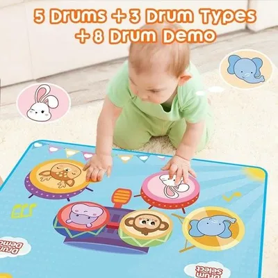 Obrázok produktu pre Montessori hračky pre 1-ročné deti, 2 v 1 hudobná podložka s klavírom a bubnom, vzdelávacie hračky pre chlapcov a dievčatá vo veku 1, 2 a 3 roky – modrá