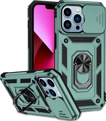 Image de Étui pour iPhone 13 Pro étui double couche avec cache-appareil photo coulissant et support annulaire vert