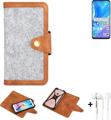 Produktbild von K-S-Trade Handyhülle + Kopfhörer kompatibel mit Huawei P smart Pro Schutzhülle Filz Hülle Kunstleder hellgrau braun (1x)