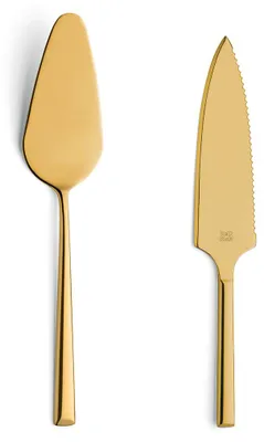 A gold cake server and cake knife are displayed side-by-side against a white background.