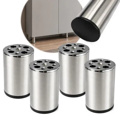 Produktbild von HOOZ® Möbelfüße Edelstahl 100 mm 4er Set [GEBÜRSTET] Möbelbeine Ø 50 mm – Schrankfüße für Kommode, TV-Board & Regal – Silber