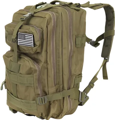 A military-style backpack on a white background.