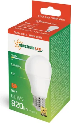 Obrázok produktu pre Spektrum LED žiarovka A60 tvar žiarovky 9W E27 matná 820lm teplá biela 3000K 270°