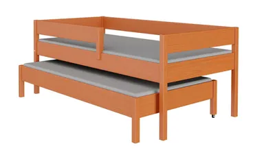 Produktbild von Ausziehbett 160x80 Kinderbett mit Rausfallschutz & Lattenrost teak 80 x 160 für Mädchen und Jungen Massivholz Kiefer und MDF Möbelplatte,
