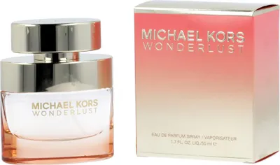 A bottle of Michael Kors Wonderlust perfume and its packaging are displayed side-by-side against a white background.