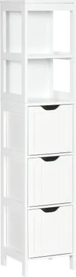 Image de Armoire étroite et haute pour salle de bain - Meuble autoportant - 3 tiroirs - 2 compartiments ouverts - Bois - 30 x 30 x 141,6 cm - Blanc