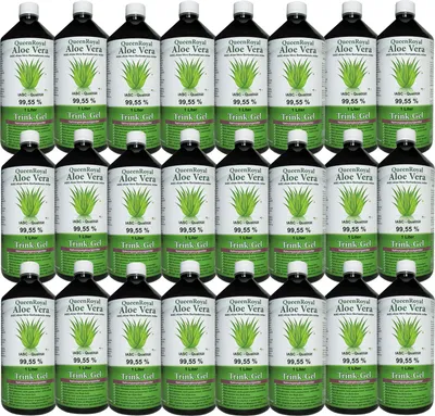 Produktbild von QueenRoyal Aloe Vera Trinkgel 24x 1 Liter Flasche 99.55% Barbadensis Miller Blattgel unverdünnt KEIN Saft KEIN Konzentrat OHNE künstliche Vitamine.