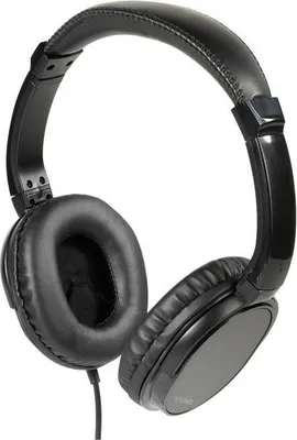 A pair of black over-ear headphones on a white background.