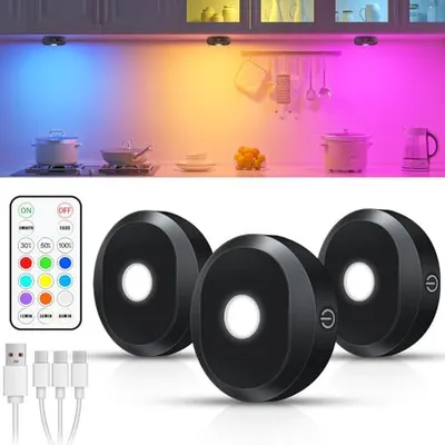 Produktbild von WILLED USB Aufladbar LED Spots Akku mit Fernbedienung,RGB Vitrinenbeleuchtung Kabellos,Unterbauleuchte,Schrankbeleuchtung,Magnetisch Licht,Indirekte