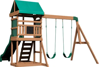 Produktbild von Backyard Discovery Spielturm Buckley Hill aus Holz | XXL Spielhaus für Kinder mit Rutsche, Schaukel und Kletterleiter | Stelzenhaus für den Garten