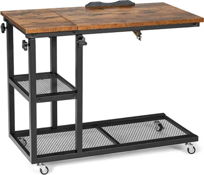 A mobile side table with a wooden top and metal frame.