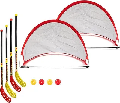 Produktbild von FunHockey Komplettset, für Kinder, 4 Hockey Schläger, 4 Bälle und 2 Faltbare Pop Up Tore, Floorball Stick, Streethockey, Indoor und Outdoor, Teamsport, Schulen, Garten, wetterfest