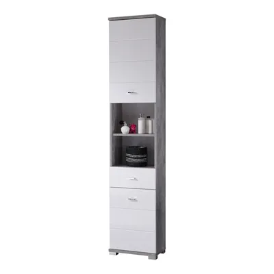 Produktbild von Hochschrank - Weiß Hochglanz - Betondekor - B 38 cm - 2 Tür - 1 Schublade