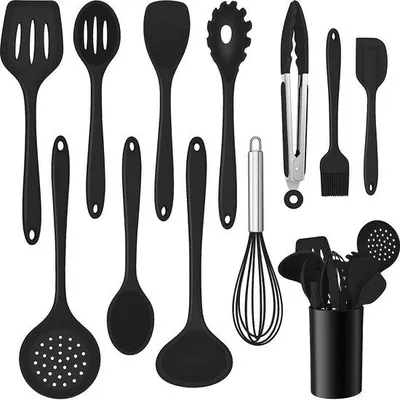 Produktbild von Unyqoos® 12‑teiliges Silikon-Kochgeschirr-Set – lebensmittelecht, hitzebeständig bis 200 °C, spülmaschinenfest, rostfreier Stahlkern, antihaftfreundlich, Schwarz, inkl. Halter