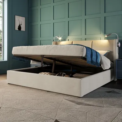 Produktbild von Sweiko Polsterbett Doppelbett mit Leselicht und USB-Ladefunktion, Stauraumbett mit Kopfteil und Lattenrost Kunstleder Beige 140x200cm (ohne Matratze)