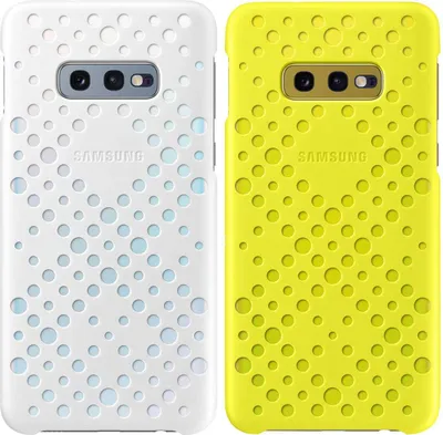 Two Samsung phone cases, one white and one yellow, are shown side-by-side against a white background.