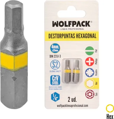 Image de embouts de tournevis hexagonaux de 4,0 mm. (2 pièces). Acier au chrome-vanadium S2. Embouts hexagonaux, extracteur de pointe,